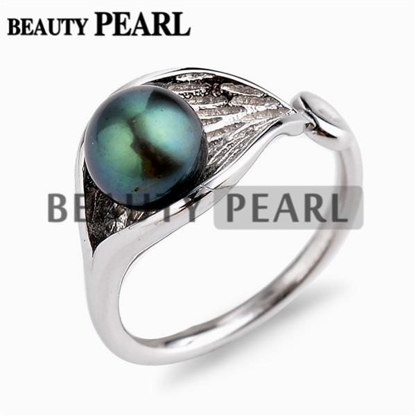 Lotus Leaf Design 925 Sterling Silver Round Pearl Ring Peacock Green Freshwater Pearl Smooth Band Open Ring