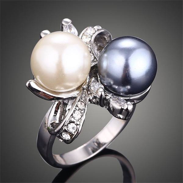 Fashion Solid Natural Pearls Ring for Women Elegant Double Pearl with Diamonds Jewelry 5.5/6.5/8/9 Size