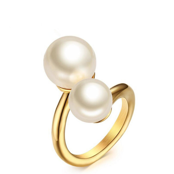 Gold Double Pearl End Statement Rings in Stainless Steel