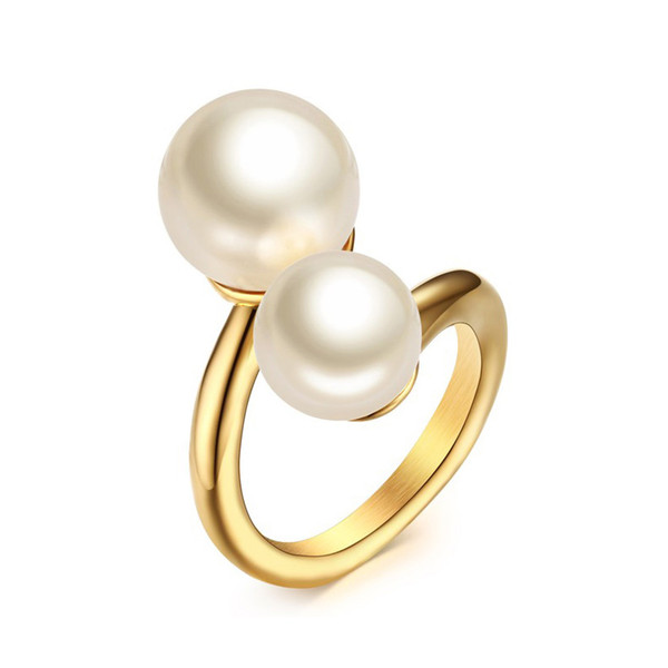 Fashion Gold-Color Simulated Pearl Rings for Woman Accent Bypass Open Stainless Steel Party Jewelry