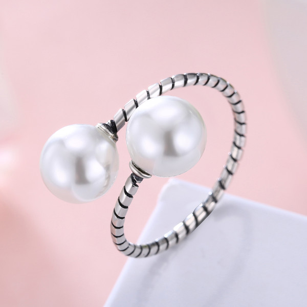 925 Sterling Silver Pearl Style Retro Ring Women Pandora Rings Korean Lovely Girls Simulated Pearl Rings Adjustable Ring Jewelry