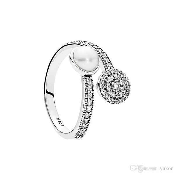 Natural pearls Open RING Set Original Box for Pandora 925 Sterling Silver CZ Diamond elegant Women Wedding Rings