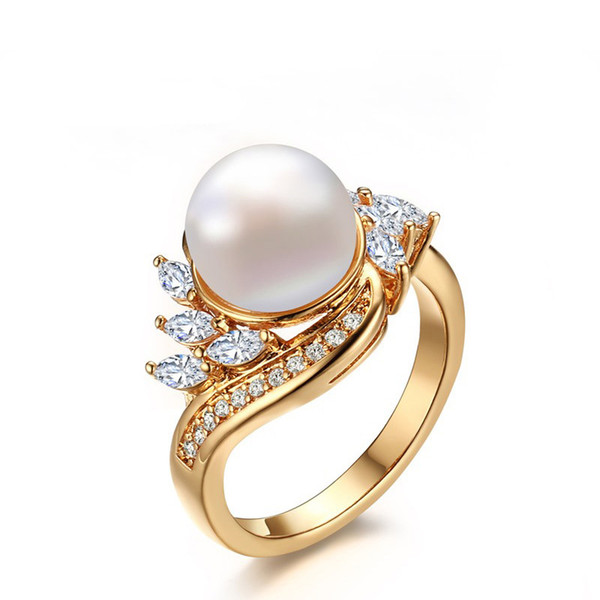 Simple style fashion women 3mm width Gold-plated copper White zircon stone and pearl inlay wedding rings