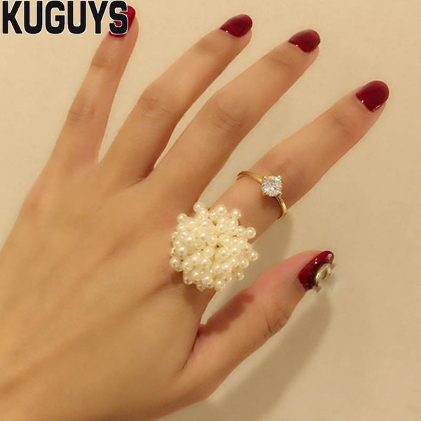 KUGUYS White Pearls Cluster Rings for Womens Fashion Jewelry Bridal Sets High Quality CZ Crystals Opening Ring Party Wedding Accessories