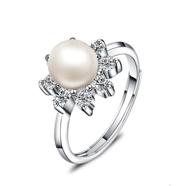 New 925 Sterling Silver Pearl Open Ring Women Silver Flower Jewelry Fashion Cubic Zirconia Gift for Whoesale