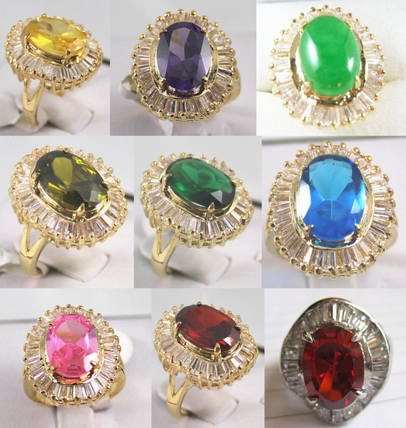 Wholesale cheap charm 10*14mm green red pink yellow purple blue jade zirconia 18 KGP ring