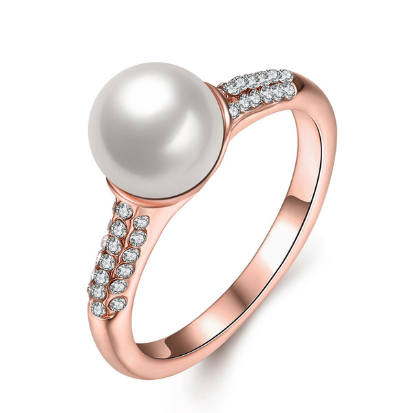 Fashion Pearl Ring Wedding Party Rose Gold Plated Crystal Rhinestone Finger Ring for Women Christmas gift Wholesale Jewelry Free shipping