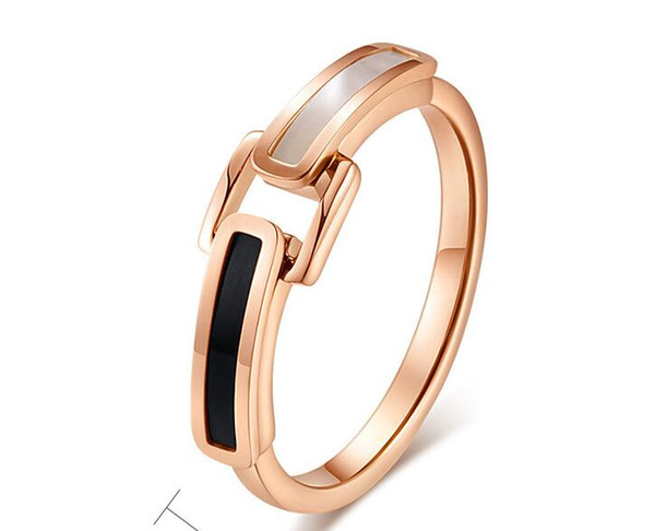 Korean version of the square black and white long shell rose gold ring fashion women elegant titanium steel accessories