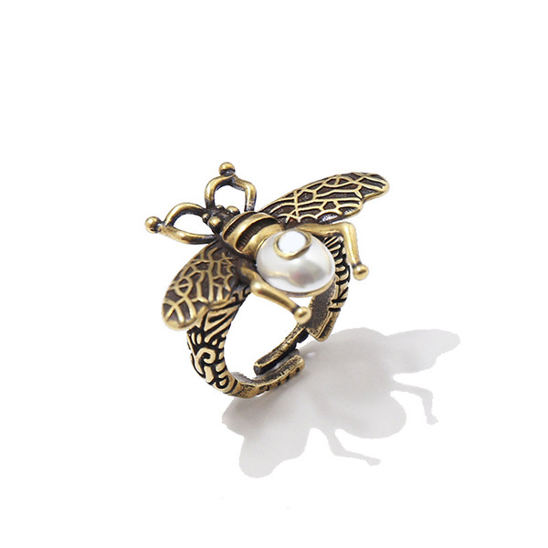 New brand name hot fashion accessories love ring male gold-plated vintage insect bee pearl ring for women