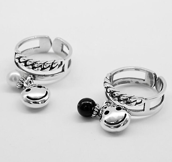 Handmade Custome Real 925 Sterling Silver Smiley face Black and White Pearl Charm Rings Designs Thai Silver Jewelry Wholesale