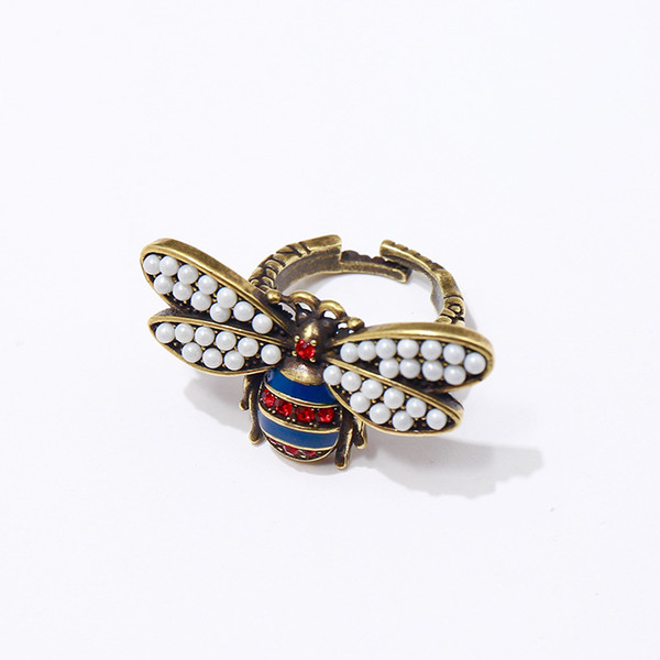 Copper-based retro Pearl double-winged bee red and blue diamond ring luxury designer jewelry women rings bee ring