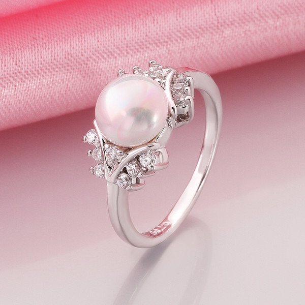 Genuine Shell Pearl Ball Elegant Lady White Gold Wedding Jewelry rings r015 gift box 2015 New Fashion