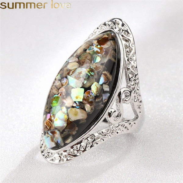 4 Color Vintage Antique Silver Shell Rings Colorful Big Oval Finger Ring For Women Female Statement Boho Beach Jewlery Gifts