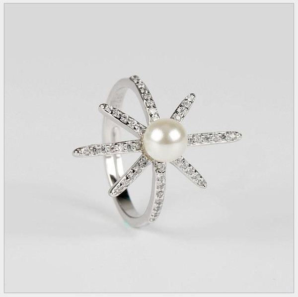 Plated sterling silver jewelry Shell pearls open micro-inlay word fashion classic ladies ring