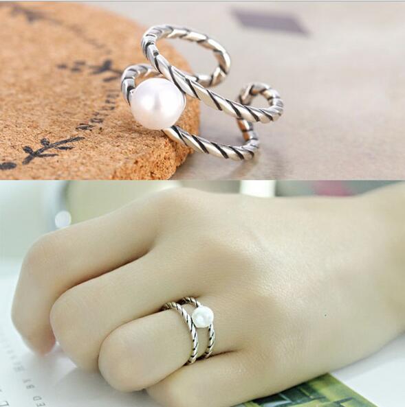 Vintage S925 Sterling Silver Open Rings with Imitation Pearl Finger Tail Rings Anti-Silver Rings for women Girl