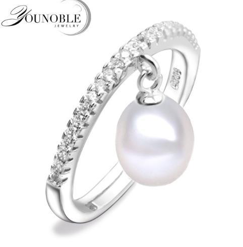 Real freshwater pearl rings 7-8mm for women,white cultured pearl ring 925 sterling silver jewelry mom birthday gift white adjustable