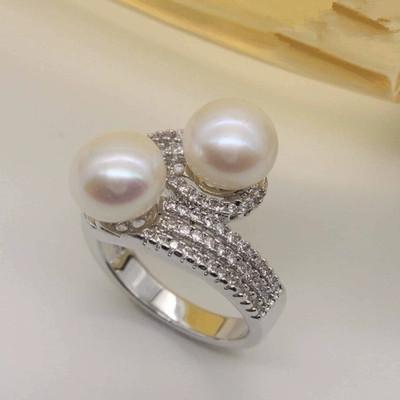 2019 Wholesale Handmade Luxury Jewelry 925 Sterling Silver Double Pearl Pave Cubic Zirconia CZ Diamond Party Wedding Ring For Women Gift