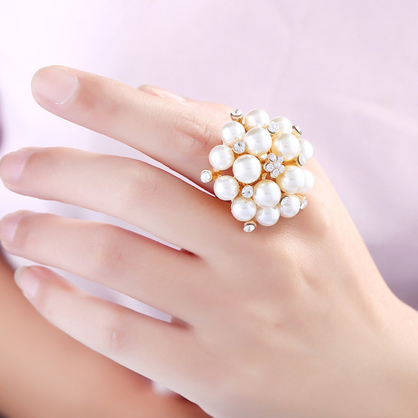 Natural Tahitian Rhinestone Pearl Rings Luminous Glow Rings White Crystal Pearl for Women Mounting Rings Adjustable Mother's Day Gift