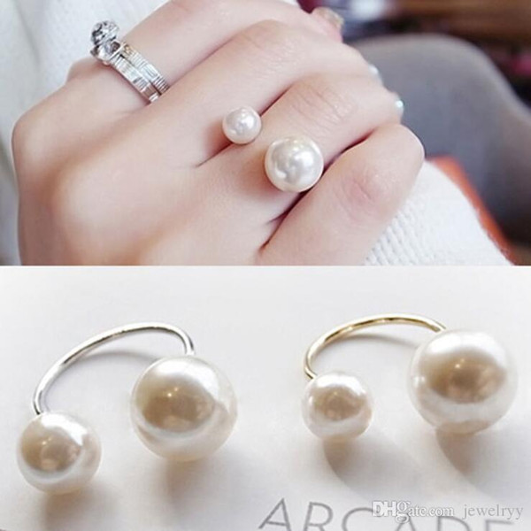 Fashion Korean design Double Pearl bead Ring adjustable women cuff finger ring statement gold silver alloy pearl rings for girls gift