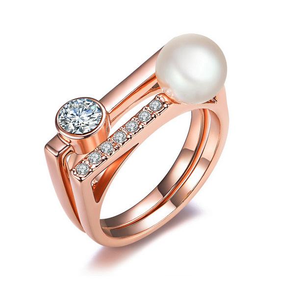 2pcs per Set Elegant Alloy18K Gold/Imitation Rhodium Plated Pearl Rings Cubic Zircons Inserted Geometry Lady's Finger Ring Wedding jewelry