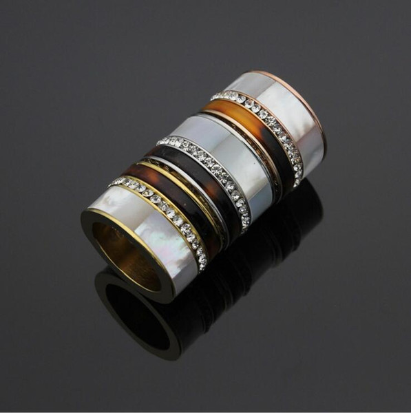 Fashion Titanium Stainless Steel Wide White shell & Crystal Rings , Yellow gold/Rose Gold/Silver Metal Colors Women/Men Wedding Band Jewelry