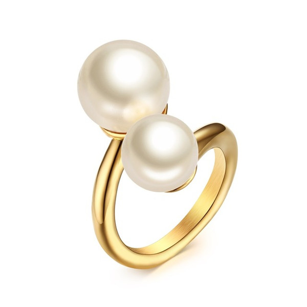 Meaeguet Fashion Gold-Color Simulated Pearl Rings For Woman Accent Bypass Open Stainless Steel Party Jewelry R-256