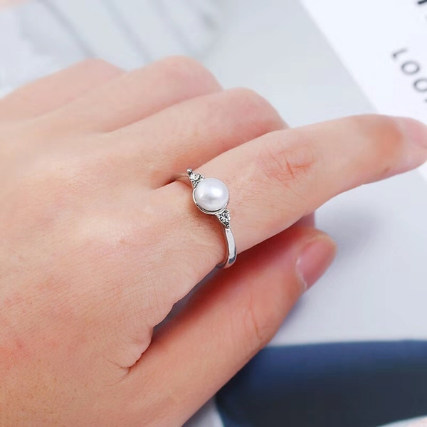 Natural pearl diamond ring women girl office lady love three stone rings Japanese simple finger jewelry Harajuku accessories free shipping