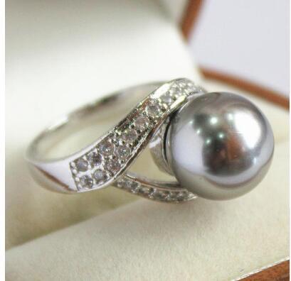 Free ShippinG high quality lady's silver plated with crystal decorated &12mm gray shell pearl ring(#7 8 9 10)