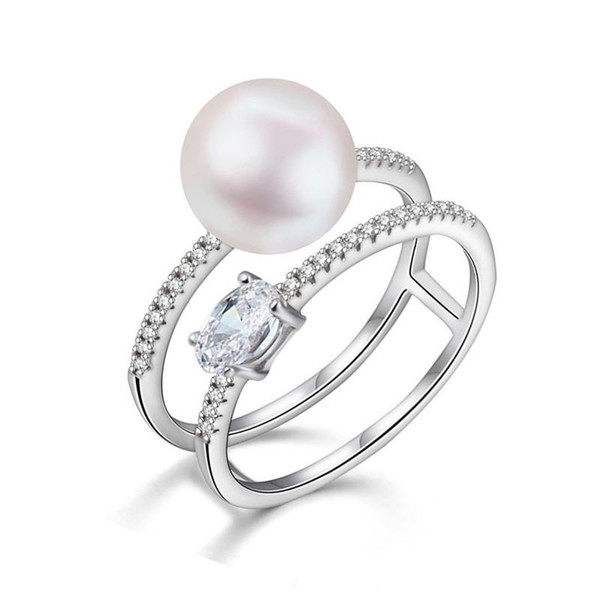 Female fashion personality double loop ring 925 pure silver joker natural freshwater pearl ring H9-028