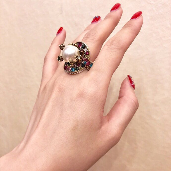 Vintage Copper Gold White Round Pearl Colorful Crystal Flower Shape Exaggerate Ring For Women Jewelry