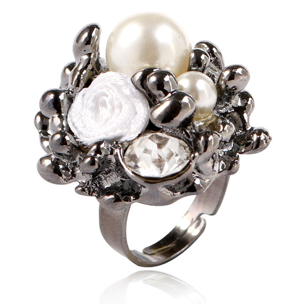 Fashion Pearl Crystal Rhinestone Rose Ring Opening Adjusted Weddidng Rings For Women