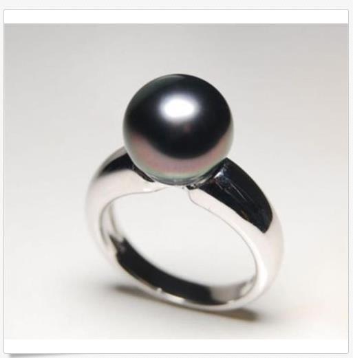 Genuine natural round AAA+ 9-10mm tahitian black pearl ring + box