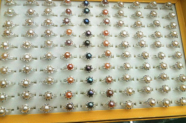 Fashion Silver Plated Natural pearls ring Rhinestone Wedding Accessories luxury crystal pearls Bridal Jewelry Mixed colors white/pink/purple