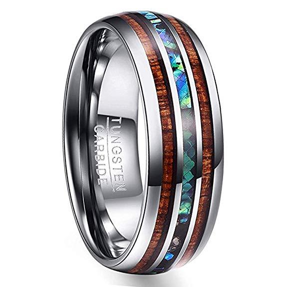 8mm Hawaiian Koa Wood and Abalone Shell Tungsten Carbide Rings Wedding Bands for Men Comfort Fit