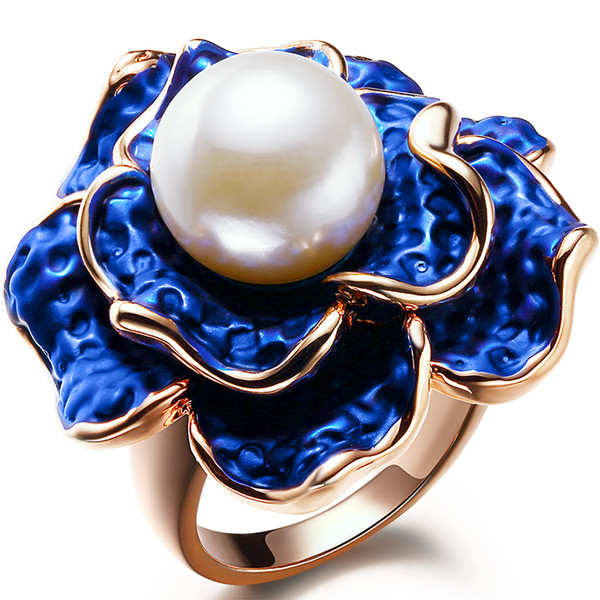 New Pretty Pearl & Ocean-Blue Flower 18K Rose Gold Statement Ring R19 Color-Locked Tech