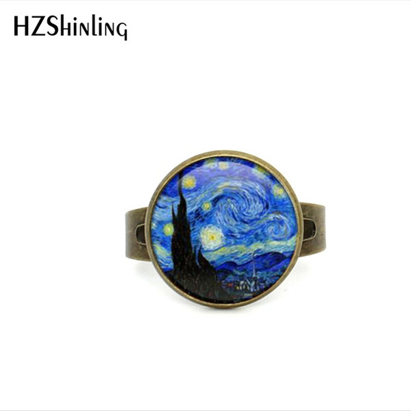 2017 New Glass Dome Rings The Starry Night by Vincent Van Gogh 1889 Handmade Keepsake Ring Art Painting Adjustable Ring