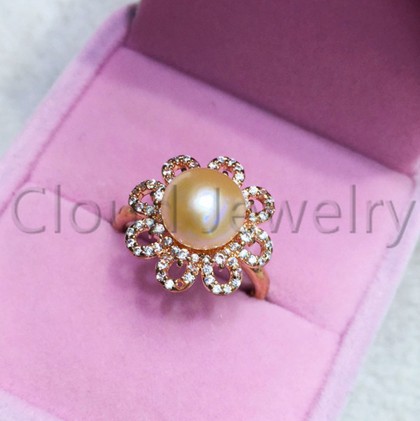 925 Silver Material Rings Freshwater Pearl Adjustable Orange Pearl Flower Gold Zircon Rings DIY Jewelry Festival Gift Women Free Shipping