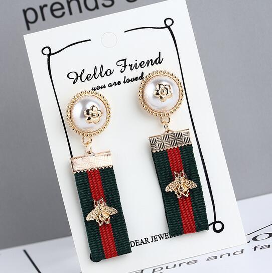 Vintage Embroidery Bee Earrings Red Green Stripe Ribbon Dangle Earring Pearl Ear Studs Women Girl Party Jewely Gift