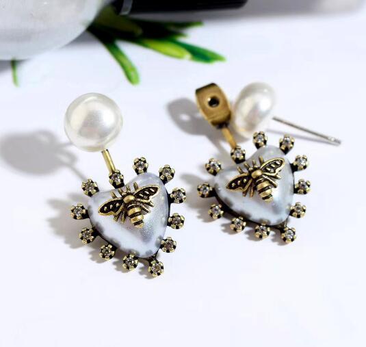 Retro Insect Bee Earrings Heart Shape Crystal Pearl Eardrop Ear Studs Women Girl Wedding Party Jewelry Gift Accessories