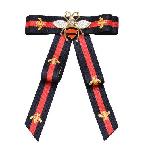 Eur Chic Crystal Enamel Bee Necktie Brooches Handmade Embroidery Stripe Bowknot Corsage Women Girl Shirt Dress Accessories