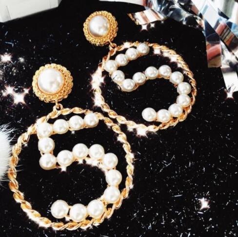 Temperment Women Pearl Number 5 Dangle Earrings 18k Gold Plated Large Circle Eardrop Earring Wedding Party Jewelry Gift