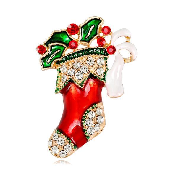 Fashion Colorful Crystal Christmas Boot Brooch Pins Red Green Enamel Brooches Women Men Clothing Accessories Party Jewelry