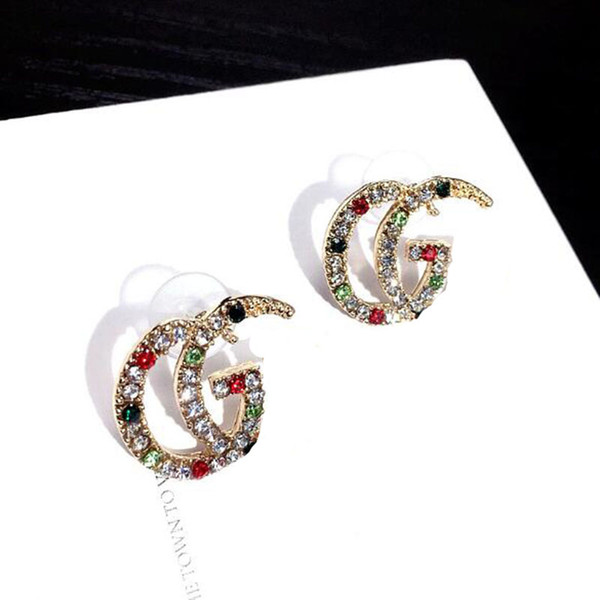 New Fashion Colorful Crystal Rhinestone Letters Earrings Brand Letters Designer Ear Studs For Women Girl Wedding Party Jewelry Gift