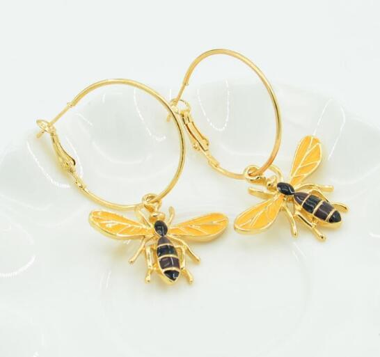 Eur Fashion Enamel Bee Dangle Drop Earrings 14K Gold Large Circle Earring Women Girl Party Jewelry Gift