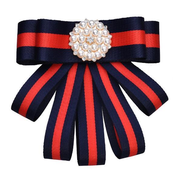 Eur Fashion Crystal Pearl Flower Necktie Brooches Stripe Ribbon Bowknot Corsage Brooch Pins Women Shirt Dress Accessories