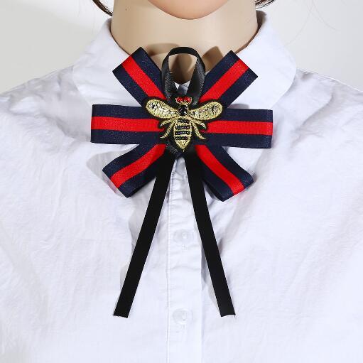 Chic Embroidery Bee Neckties Brooches Handmade Stripe Bowknot Corsage Preppy Styles Brooch For Women Girl Shirt Accessories Fast Shipping