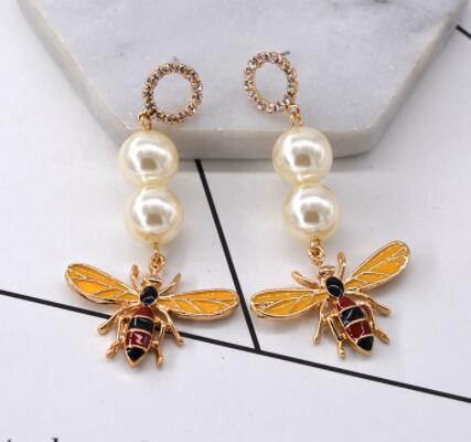 Eur Fashion Insect Enamel Bee Dangle Earrings Crystal Pearl Eardrop Ear Studs For Women Girl Party Jewelry Accessories