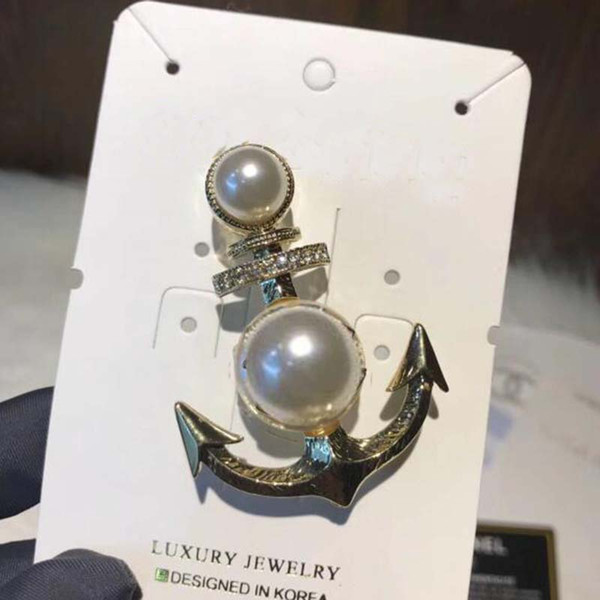 High Quality Crystal Pearl Boat Anchor Brooch Pins With Double Layers Letters Brooch Women Girl Suit Coat Accessoreis Jewelry