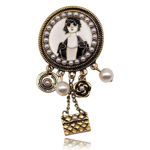 New Retro Fahsion Pearl Enamel Brooch Pins Camellia Flower Tassel Pendant Corsage Scarf Clips Women Girl Party Jewelry Gift Suit Accessories