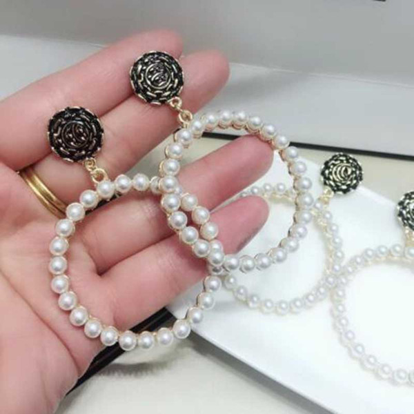 Eur Fashion Large Circle Pearl Dangle Drop Earrings With Double Layers Letters Flower Ear Studs 925 Silver Needle Earring For Women Jewelry